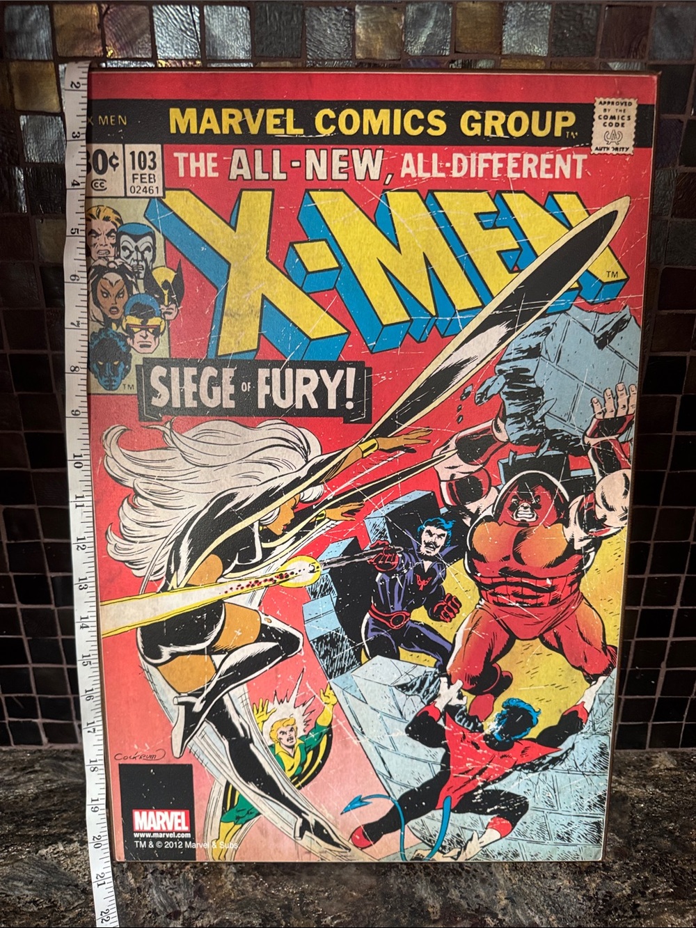 Marvel X-Men Wooden Comic Cover - Bold Red, Yellow, Blue Palette. 13x19.5